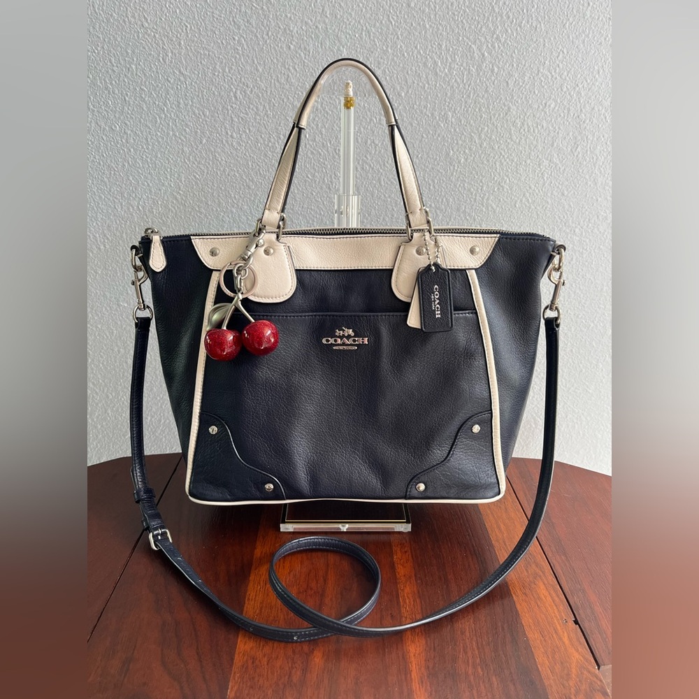 Coach Mickie Spectator Leather Satchel Tote in Chalk/Navy F37679 EUC